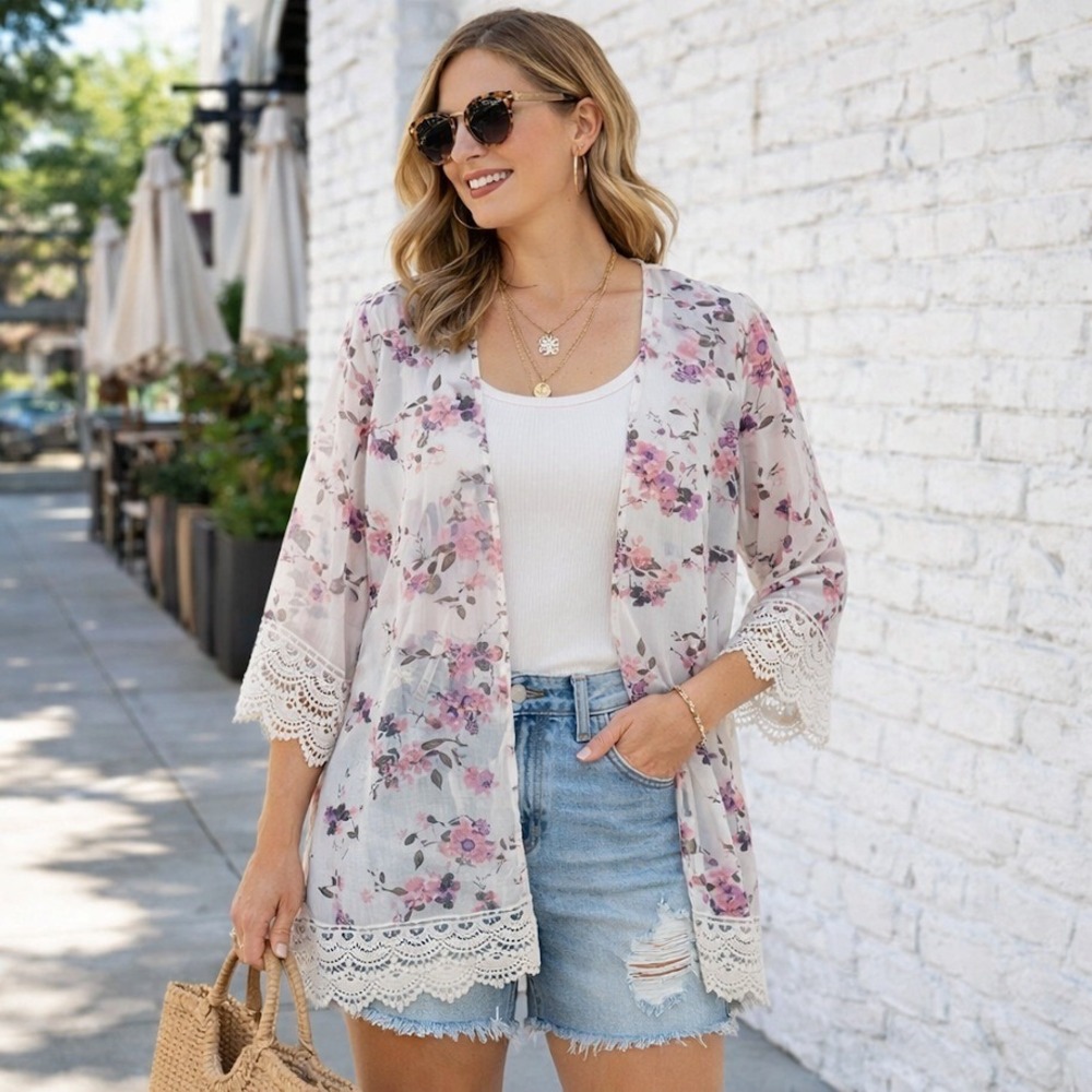 Mason & Belle Womens XL Floral Lace Kimono Cardigan Boho Festival Duster